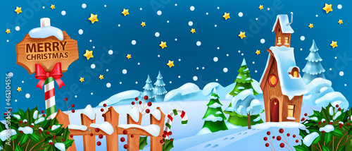 Christmas winter snow landscape, x-mas Santa Claus night house cartoon background, road sign, stars. Holiday season nature view, North Pole fairy tale scene, pine tree, holly bush. Christmas landscape