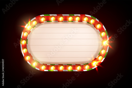 Christmas light frame, vector retro bulb sign banner, holiday vintage cinema show billboard Vegas lamp. Casino theater glowing signboard illustration electric illuminated shiny border. Christmas frame