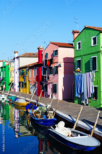 Europe. Italy. Veneto. Burano. Coloured houses along canal in Burano village