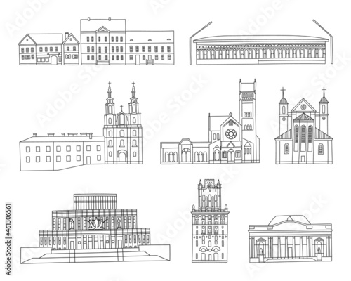 Vector line hand drawn illustration with an old town city sights, buildings and monuments of architecture set. Minsk, Belarus.