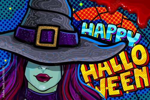 Halloween illustration. Witch in black hat with Halloween Party
