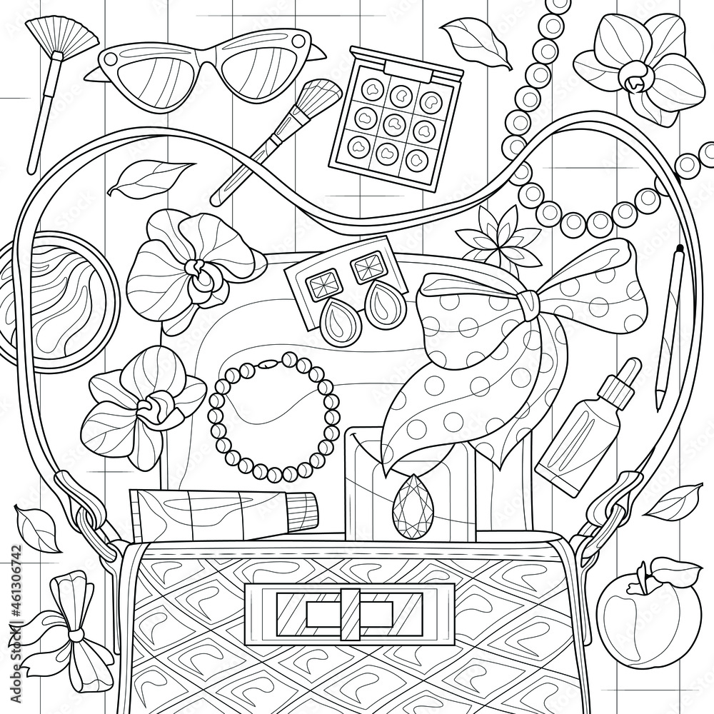 Obraz premium Jewelry and cosmetics fall out of the bag.Coloring book antistress for children and adults. Illustration isolated on white background.Zen-tangle style. Hand draw