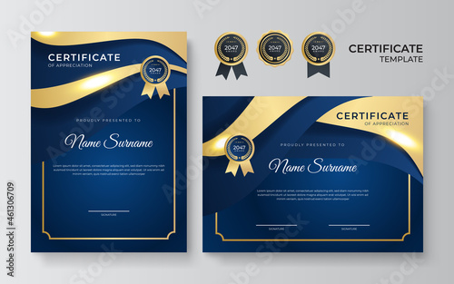 Modern elegant blue and gold diploma certificate template. Clean modern certificate with gold badge. Certificate border template with luxury and modern line pattern. Diploma vector template