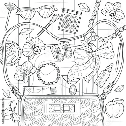 Jewelry and cosmetics fall out of the bag.Coloring book antistress for children and adults. Illustration isolated on white background.Zen-tangle style. Hand draw