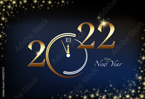 Happy New Year 2022. Creative design with a gold number, from five minutes to midnight. Hogmanay, Eve, glitter stars black background. Design for calendar. Poster, modern text, greeting card print