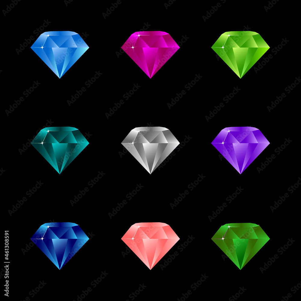 Cartoon vector gems and diamonds icons set in different, isolated on the dark background. Vector illustration