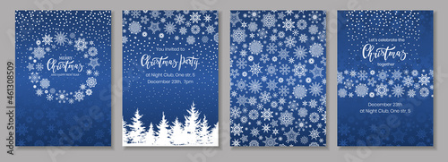 Set of blue Christmas backgrounds with snowflakes and lettering inscription Merry Christmas. Card or invitation templates.