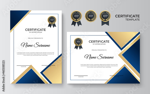 Modern elegant blue and gold certificate template