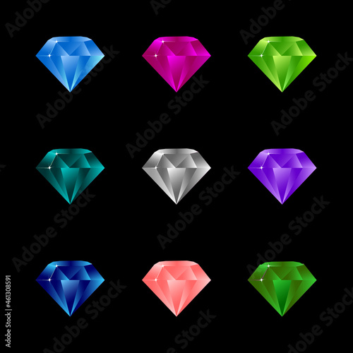 Obraz na płótnie Cartoon vector gems and diamonds icons set in different, isolated on the dark background. Vector illustration w salonie