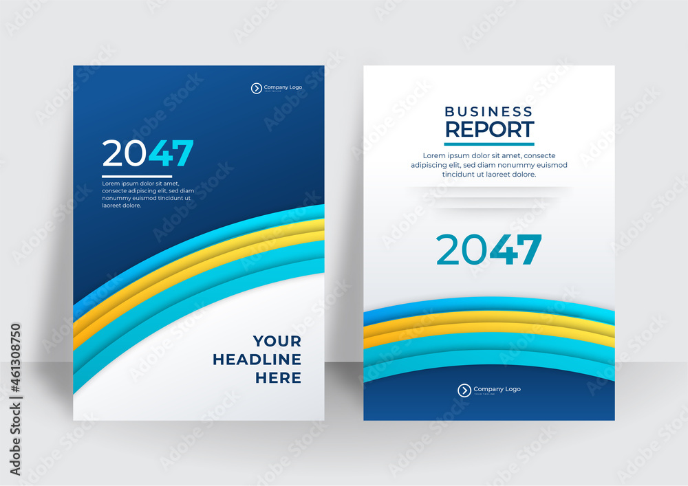 Business flyer layout template in A4 size. Modern brochure template cover design, annual report with blue geometric and wavy lines for business promotion on white background, vector illustration
