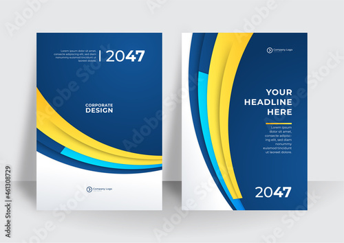 Business flyer layout template in A4 size. Modern brochure template cover design, annual report with blue geometric and wavy lines for business promotion on white background, vector illustration