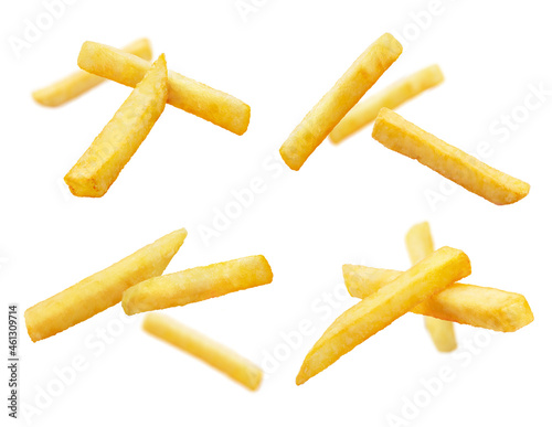 Flying potato fries collection, isolated on white background