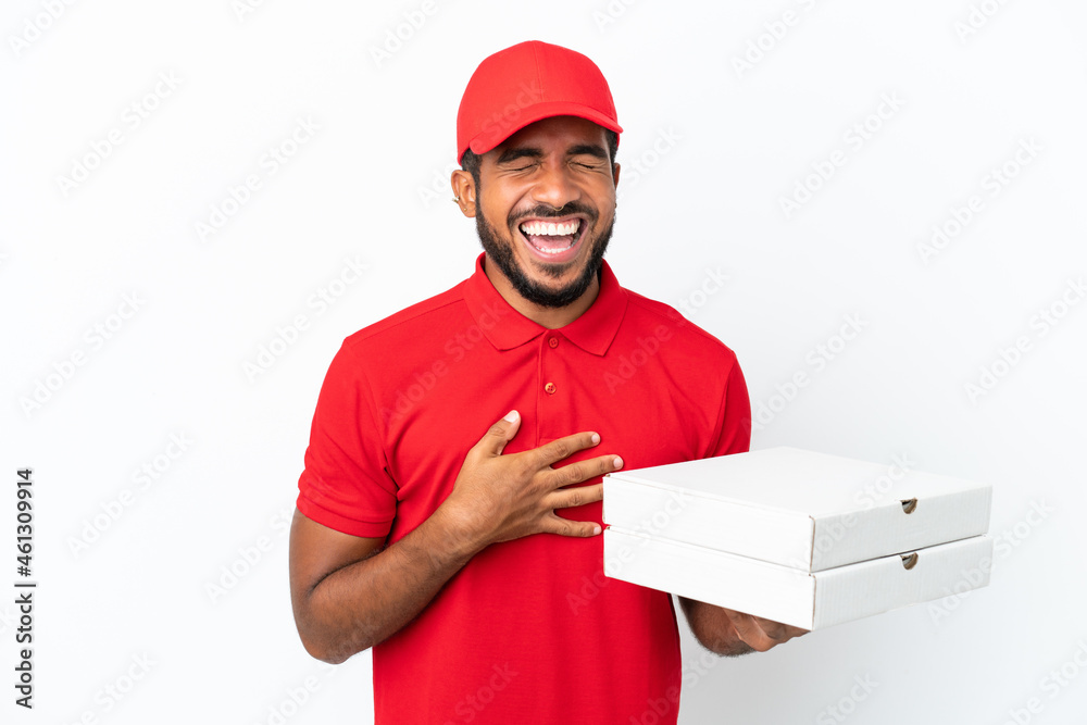 pizza delivery man picking up pizza boxes isolated on white background smiling a lot pizza delivery man picking up pizza boxes isolated on white background smiling a lot