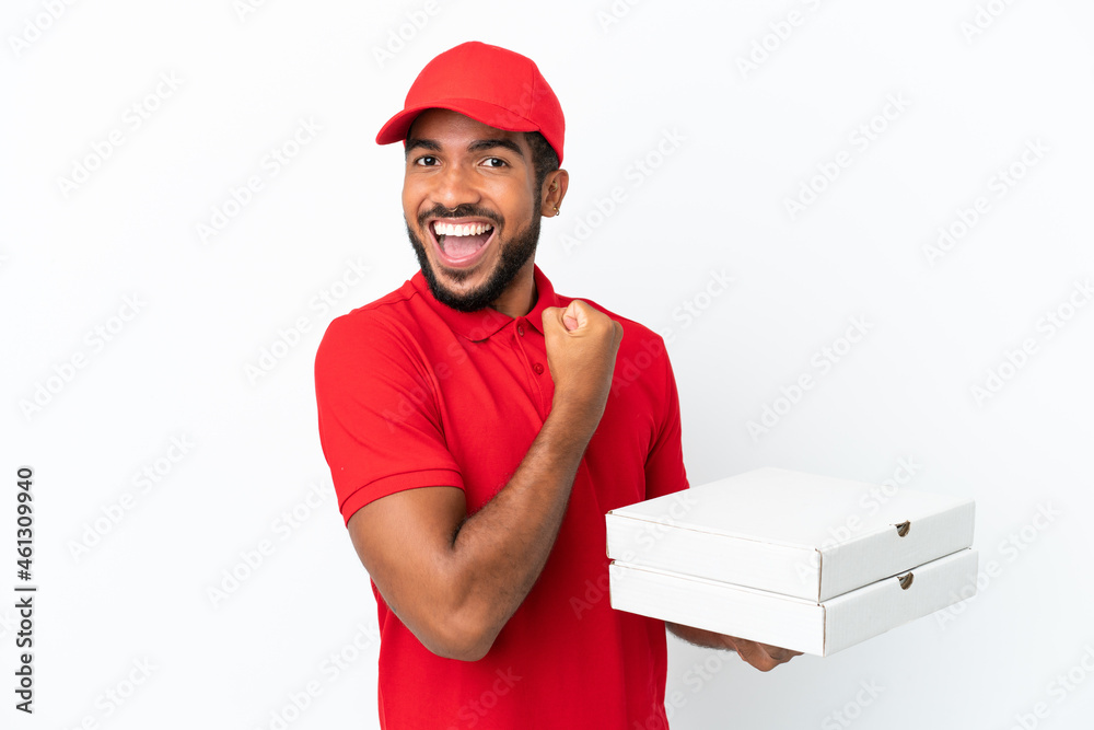 pizza delivery man picking up pizza boxes isolated on white background celebrating a victory pizza delivery man picking up pizza boxes isolated on white background celebrating a victory