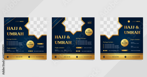 Set of social media template with navy blue gold luxury background for Hajj and Umrah photo