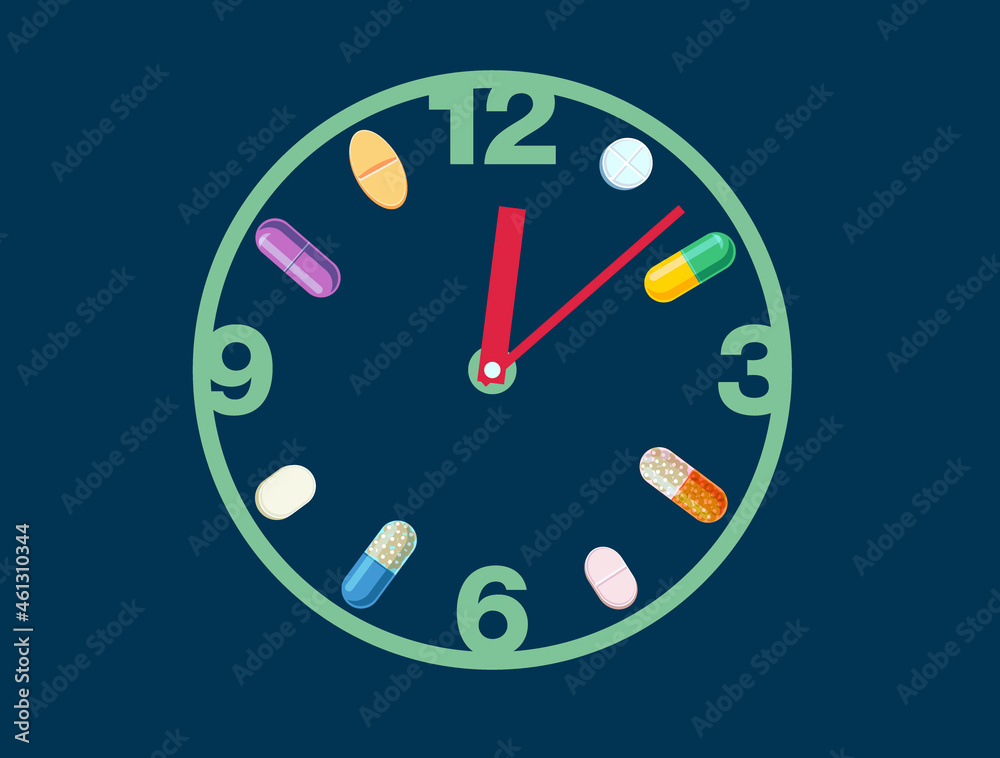Dial of hours and pills, tablets, capsules around. The concept of taking medication on a treatment schedule. Vector illustration. Dial of hours and pills, tablets, capsules around. The concept of taking medication on a treatment schedule. Vector illustration.