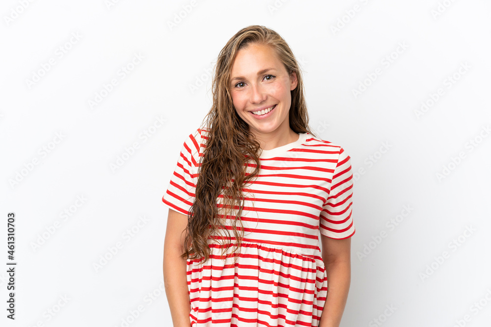 Young caucasian woman isolated on white background laughing