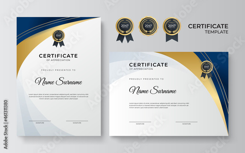 Modern blue gold certificate design template