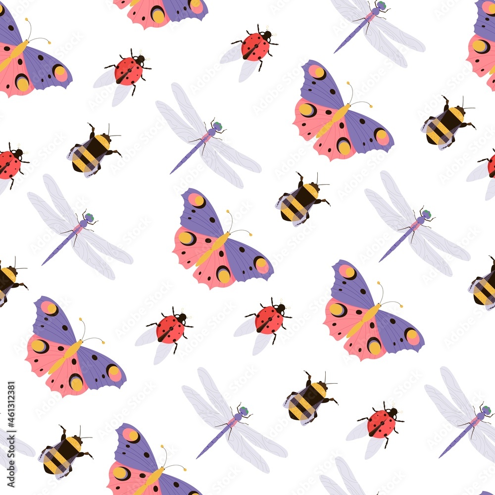 Seamless vector pattern with butterfly, dragonfly, ladybird, bumble bee. Background with insects