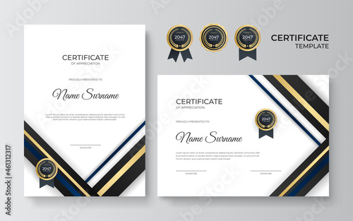 Certificate of appreciation template, gold and blue color. Clean modern certificate with gold badge. Certificate border template with luxury and modern line pattern. Diploma vector template