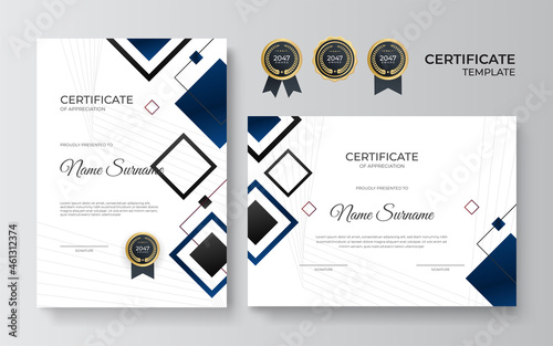 Certificate of appreciation template, gold and blue color. Clean modern certificate with gold badge. Certificate border template with luxury and modern line pattern. Diploma vector template