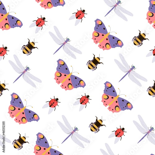 Seamless vector pattern with butterfly  dragonfly  ladybird  bumble bee. Background with insects