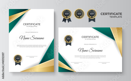 Certificate of appreciation template, gold and green color. Clean modern certificate with gold badge. Certificate border template with luxury and modern line pattern. Diploma vector template