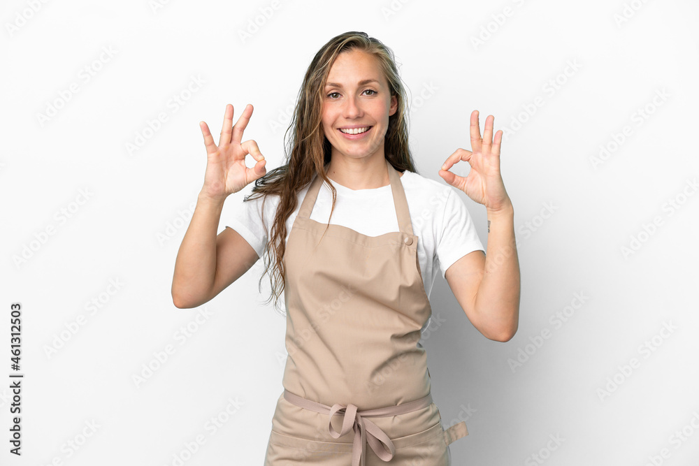 Restaurant waiter caucasian woman isolated on white background showing an ok sign with fingers Restaurant waiter caucasian woman isolated on white background showing an ok sign with fingers