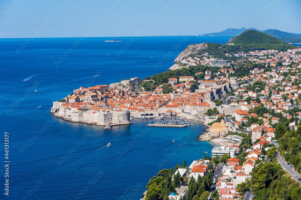 Aerial view of the old town Dubrovnik, blue sea and mountains, Croatia