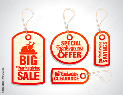 Big Thanksgiving sale, special Thanksgiving offer, Thanksgiving clearance, Thanksgiving savings, concept design sale tags set photo