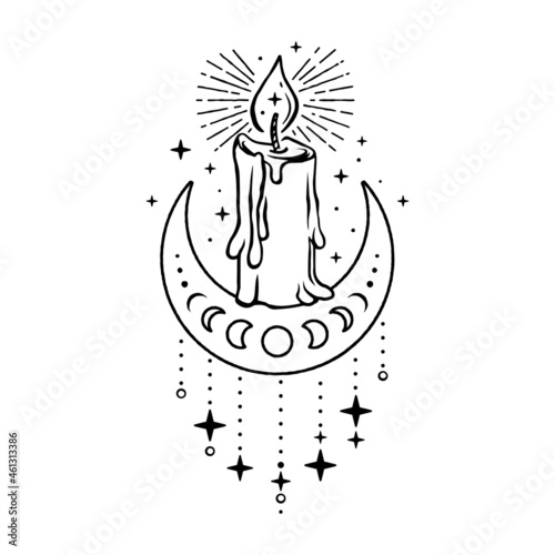 Creative design of vector illustration representing flaming candle with melting wax on half moon between stars on white background
