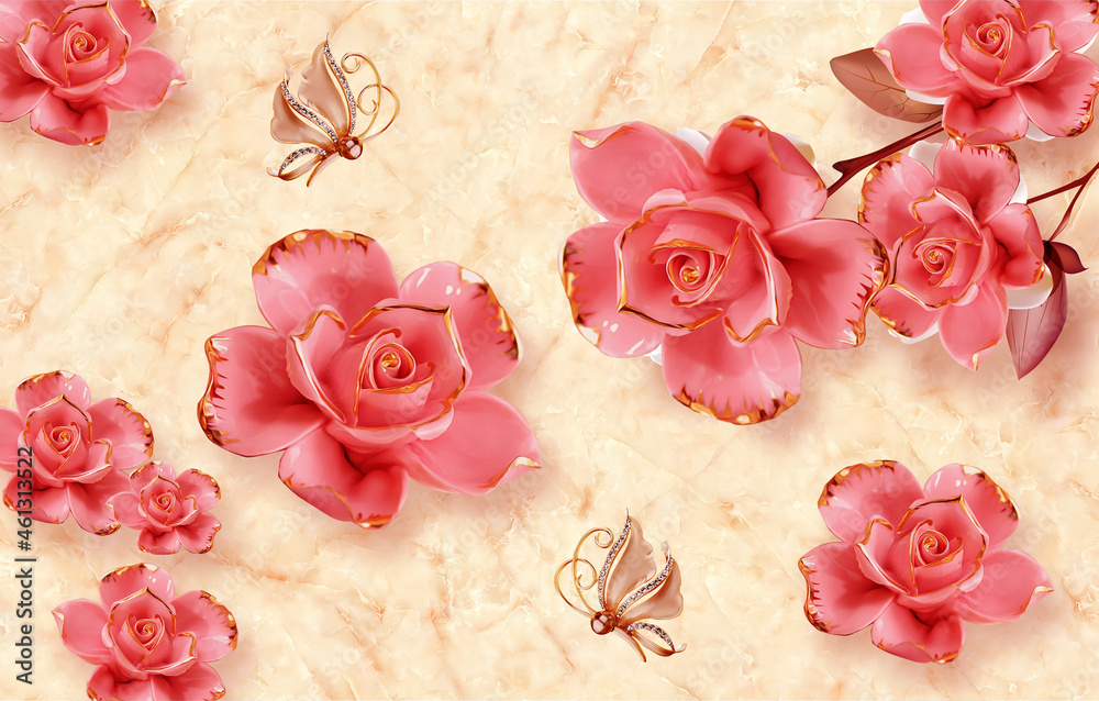 Illustrazione Stock 3D wallpaper beautiful red rose flower with golden  color and leaf and butterfly mural wallpaper | Adobe Stock