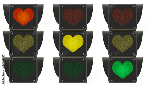 Love traffic lights three color  heart shape creative concept. Road sign, three colors. Vector illustration isolated on white.