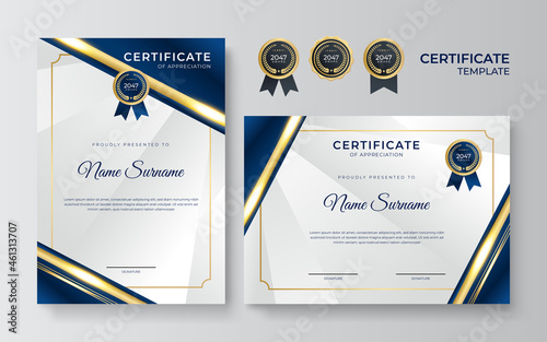 Blue and gold certificate template. Modern blue certificate award or diploma template set of two, portrait and landscape design in A4 size. Suit for business, education, award and more