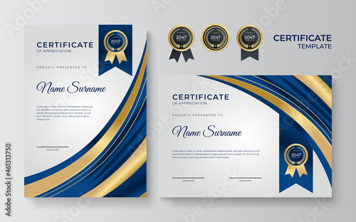 Blue and gold certificate template. Modern blue certificate award or diploma template set of two, portrait and landscape design in A4 size. Suit for business, education, award and more