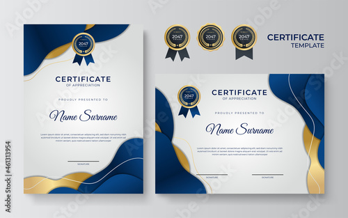 Blue and gold certificate template. Modern blue certificate award or diploma template set of two, portrait and landscape design in A4 size. Suit for business, education, award and more