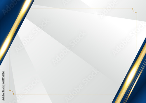 Dark navy blue and gold curve shapes on background with glowing golden striped lines and glitter. Luxury and elegant. Abstract template design. Design for presentation, banner, cover.