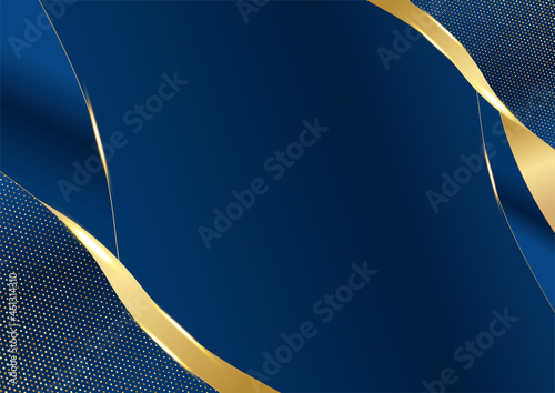 Dark navy blue and gold curve shapes on background with glowing golden striped lines and glitter. Luxury and elegant. Abstract template design. Design for presentation, banner, cover.