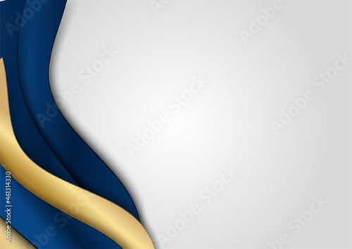 Dark navy blue and gold curve shapes on background with glowing golden striped lines and glitter. Luxury and elegant. Abstract template design. Design for presentation, banner, cover.