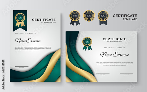 Modern wavy green and gold certificate template. Certificate of achievement templates with elements of luxury gold badges. Vector graphic print layout can use for award, appreciation, education