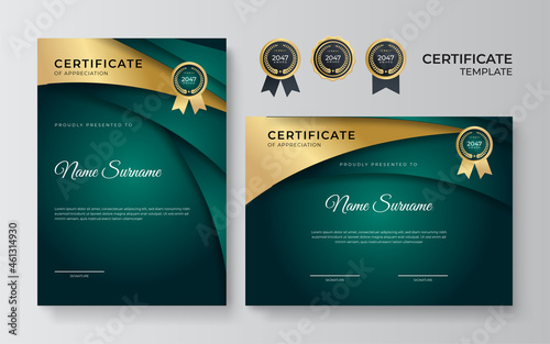 Dark green modern certificate of achievement templates with elements of luxury gold badges, green shapes, and modern line patterns. Vector graphic print layout can use for award, appreciation