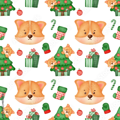 watercolor Christmas corgi seamless patterns. photo