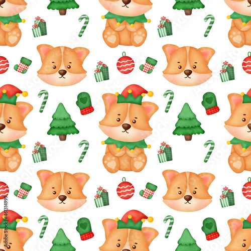 watercolor Christmas corgi seamless patterns. photo