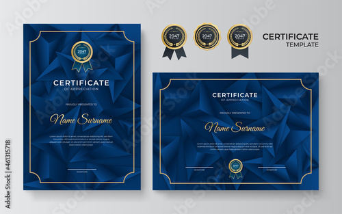 Dark blue and gold certificate template. Modern blue certificate award or diploma template set of two, portrait and landscape design in A4 size. Suit for business, education, award and more