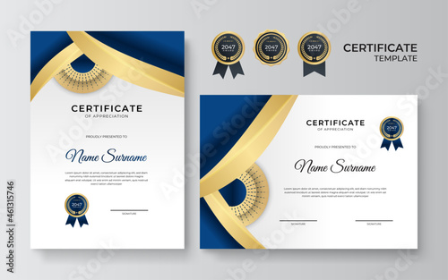 Modern certificate template in blue and gold color. Luxury blue certificate award or diploma template set of portrait and landscape design in A4 size. Suit for business, education, award and more