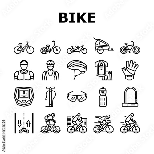 Bike Transport And Accessories Icons Set Vector. Bike And Tricycle, Rider Protective Helmet And Clothes, Glasses And Water Bottle, Urban And Cruiser Bicycle Black Contour Illustrations