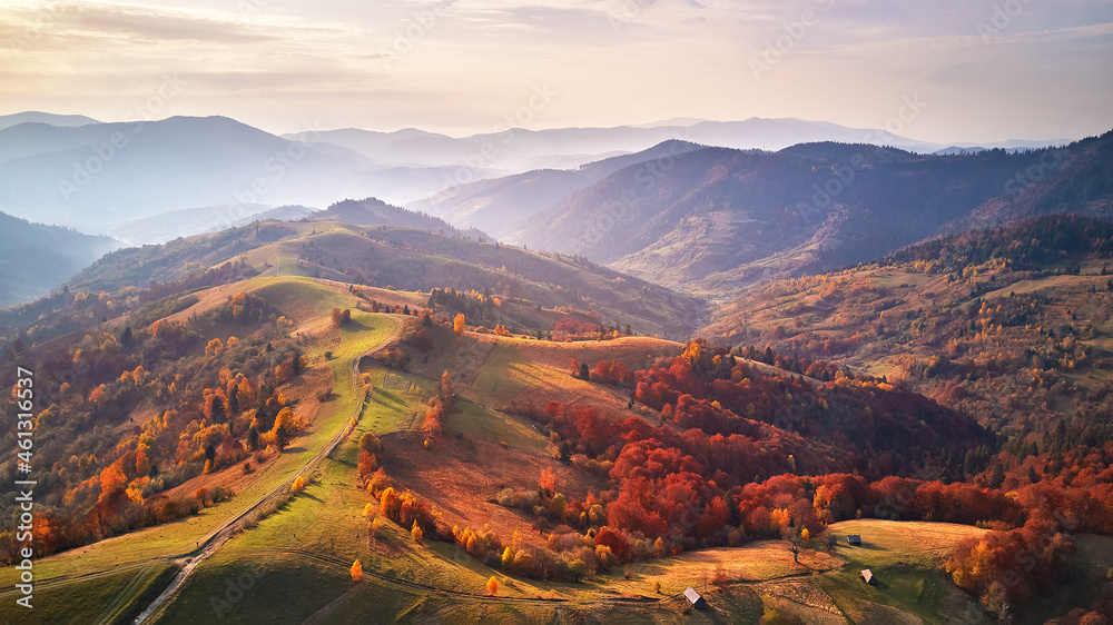 Beautiful mountain autumn landscape with meadow and colorful forest. Red, Yellow, Orange trees on hillsides.