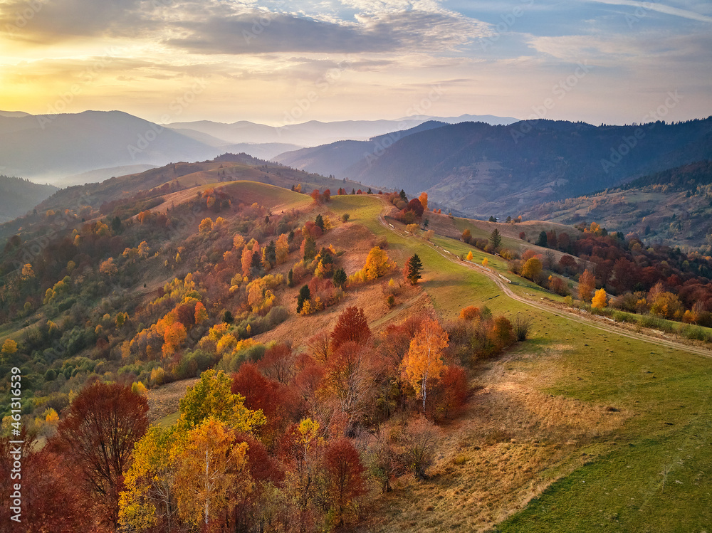 Beautiful mountain autumn landscape with meadow and colorful forest. Red, Yellow, Orange trees on hillsides.