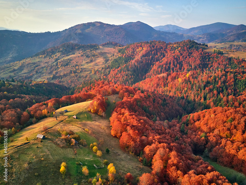 Obraz na płótnie Beautiful mountain autumn landscape with meadow and colorful forest. Red, Yellow, Orange trees on hillsides. w salonie