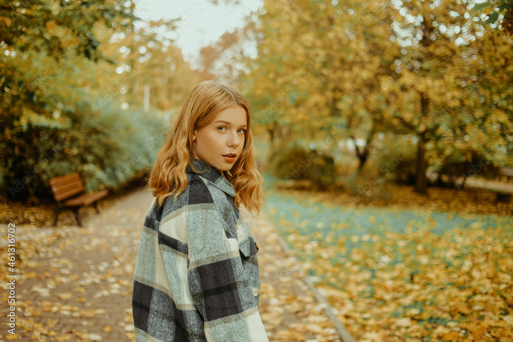 The girl walks in the autumn park. Beautiful blonde looks at the camera and smiles, teen girl on a background of autumn leaves The girl walks in the autumn park. Beautiful blonde looks at the camera and smiles, teen girl on a background of autumn leaves